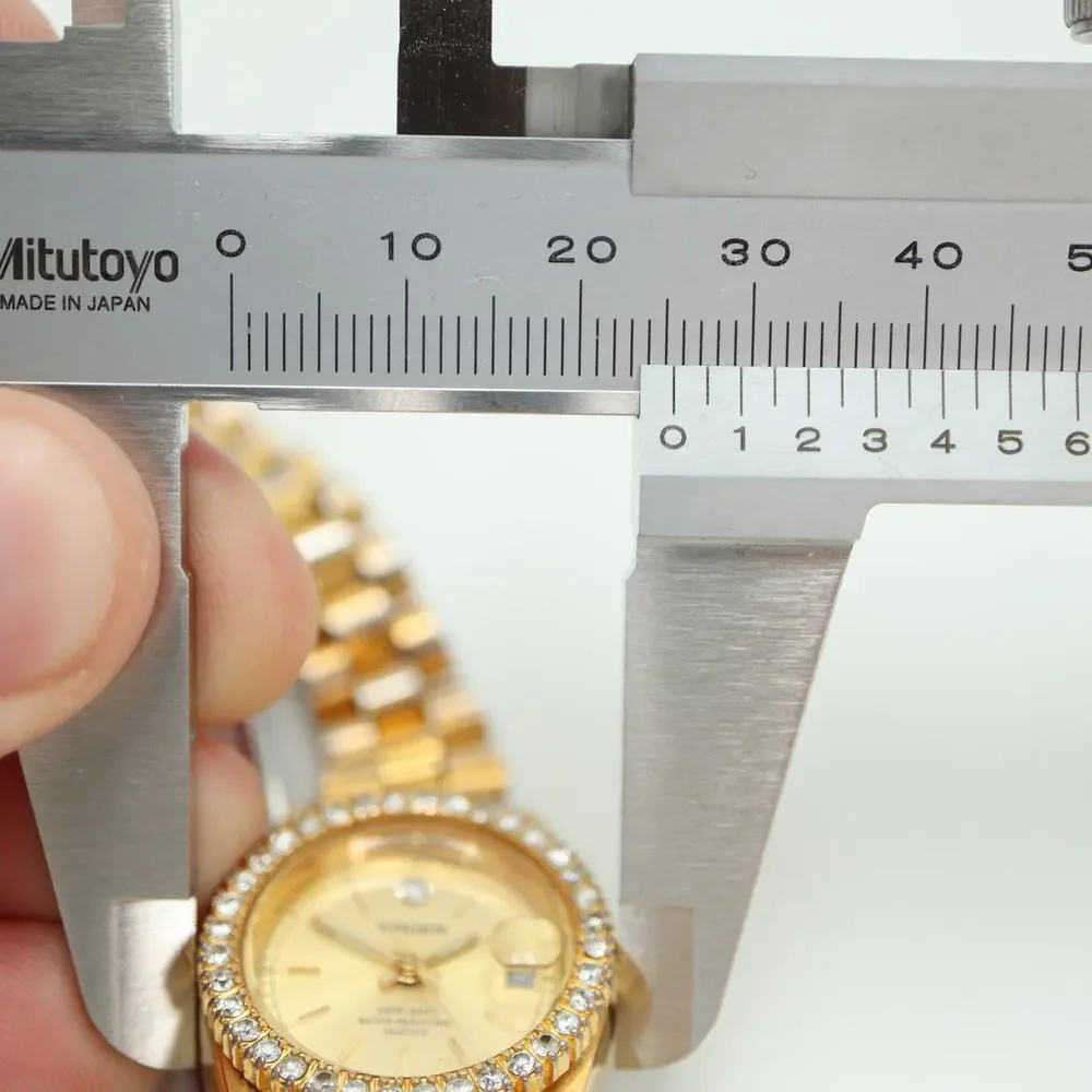 Gruen Gold Tone Crystal Bezel 26mm Womens Watch Date Steel Bracelet New Battery